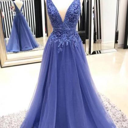V Neck Long Tulle Blue Prom Dress Lace Appliques..