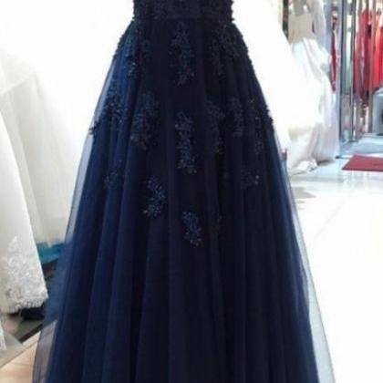 V Neck Navy Blue Tulle Prom Dress Lace Appliques..