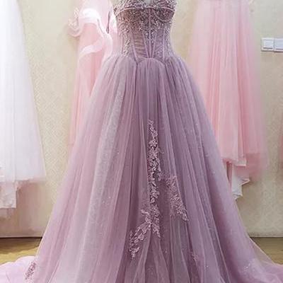 Light Purple Tulle Prom Dress Strapless Lace..