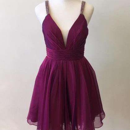 V Neck Short Purple Chiffon Homecoming Dress..
