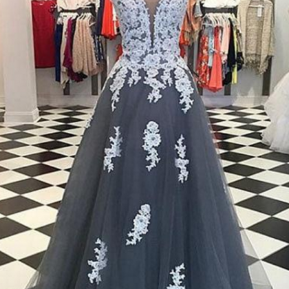 V Neck Long Tulle Grey Prom Dress Lace Appliques..