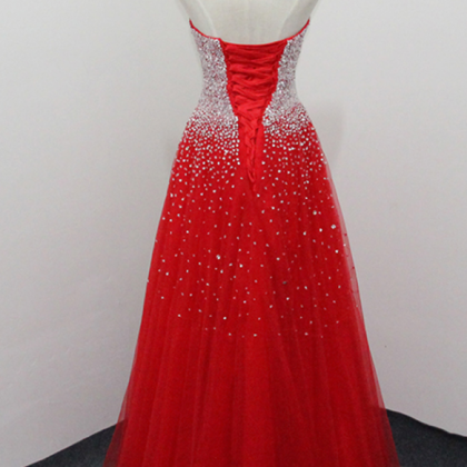 Strapless A-line Tulle Red Prom Dress Beaded Floor..
