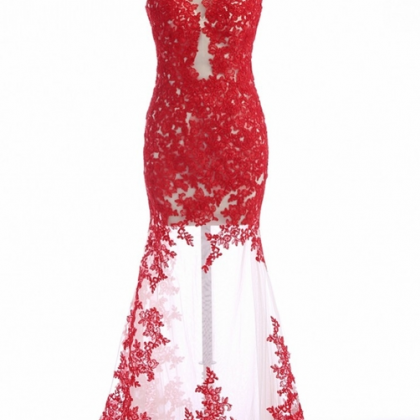 Sleeveless Mermaid Long Red Lace Prom Dress Lace..