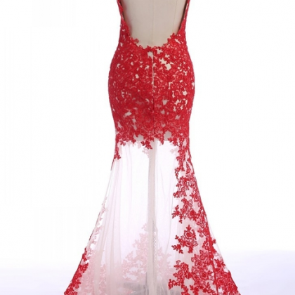 Sleeveless Mermaid Long Red Lace Prom Dress Lace..
