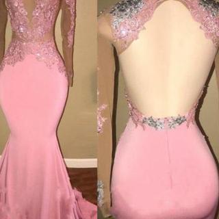 Open Back Mermaid Pink Satin Prom Dress Lace..