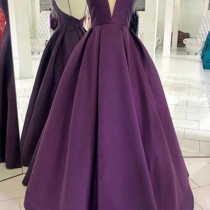 Deep V Neck Purple Satin Prom Dress Spaghetti..