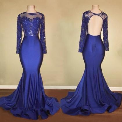 Open Back Mermaid Royal Blue Satin Prom Dress Long..