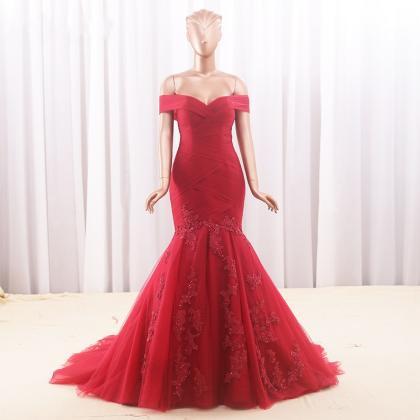 Off Shoulder Mermaid Red Tulle Prom Dress, Lace..