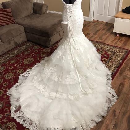 Strapless Mermaid White Tulle Wedding Dress Lace..