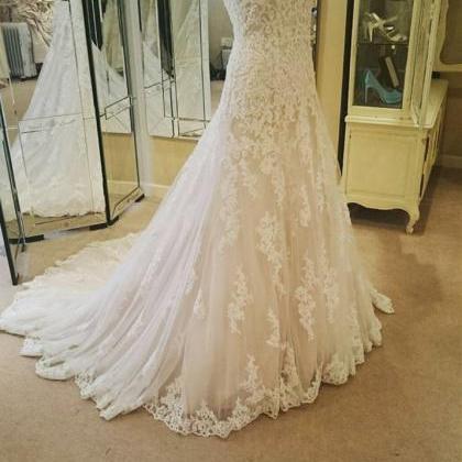 Scoop Neck Long Lace Weddingdress Sleeveless Tulle..