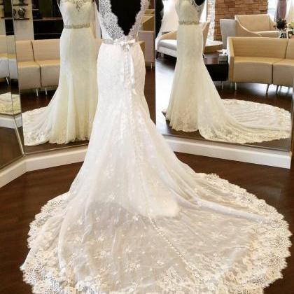 Open Back Long Mermaid Ivory Lace Wedding Dress..