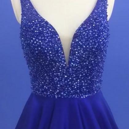 Deep V Neck A-line Royal Blue Satin Prom Dress..