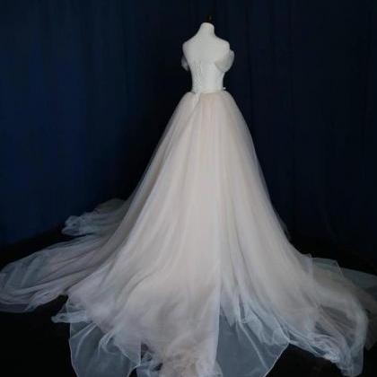 Off The Shoulder A-line White Tulle Wedding Dress..