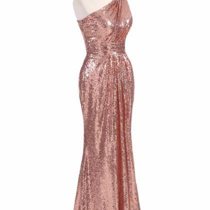 One Shoulder Sheath Long Sequin Prom Dress Pleated..