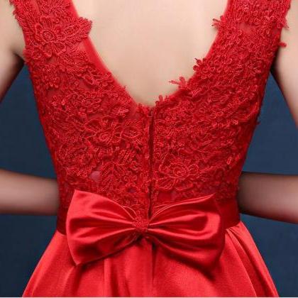 Sweet A Line Scoop Neck Dark Red Satin Prom Dress with Bow main image 0