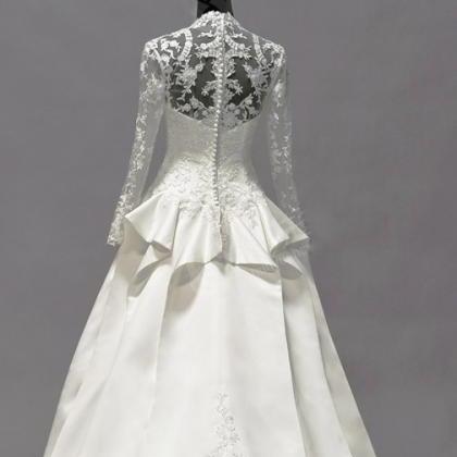 Long Sleeves A-line White Satin Wedding Dress V..