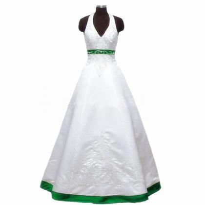 Halter Neck A-line Long White Satin Wedding Dress..