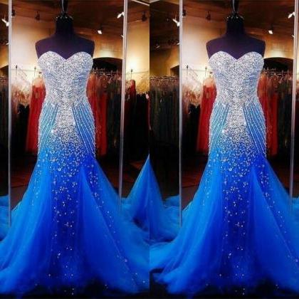 Strapless Mermaid Long Royal Blue Tulle Prom Dress..