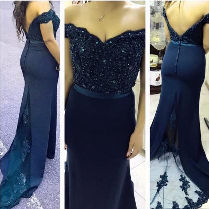Sexy Mermaid Off The Shoulder Navy Blue Prom Dress..
