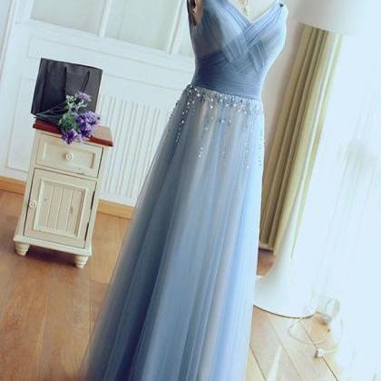 V Neck A-line Tulle Prom Dress Pleated Beaded..
