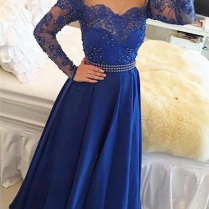 Long Sleeves A-line Royal Blue Satin Prom Dress..
