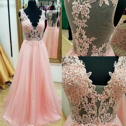 Deep V Neck A-line Pink Tulle Prom Dress Lace..