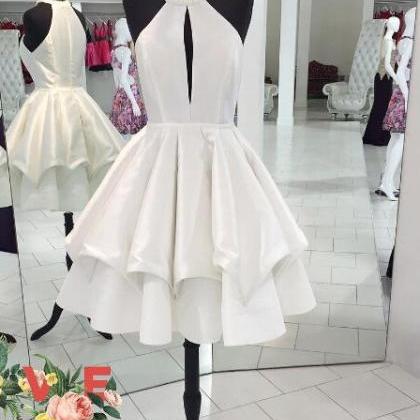 Halter Neck A-line White Satin Homecoming Dress..