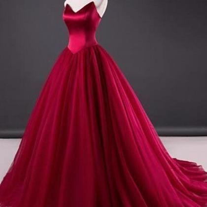 Strapless Ball Gown Long Red Tulle Prom Dress..