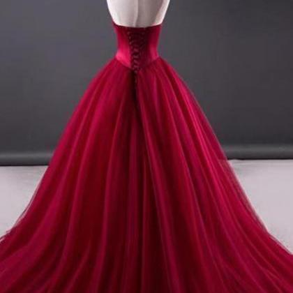 Strapless Ball Gown Long Red Tulle Prom Dress..