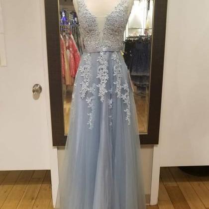 V Neck A-line Light Blue Tulle Prom Dress Lace..