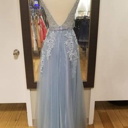V Neck A-line Light Blue Tulle Prom Dress Lace..