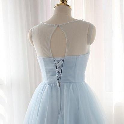 Scoop Neck Above Knee Mini Blue Tulle Homecoming..