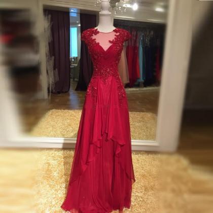 Cap Sleeves A-line Long Red Chiffon Prom Dress..