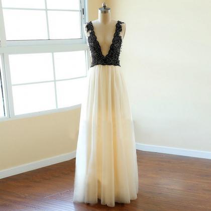 Deep V Neck A-line Long Tulle Prom Dress Lace..