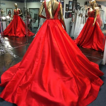 Open Back Ball Gown Satin Red Prom Dress V Neck..