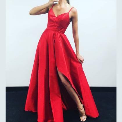 Spaghetti Straps A-line Long Red Satin Prom Dress..