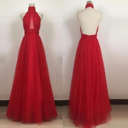 Sexy Open Back Long Red Tulle Prom Dress Halter..