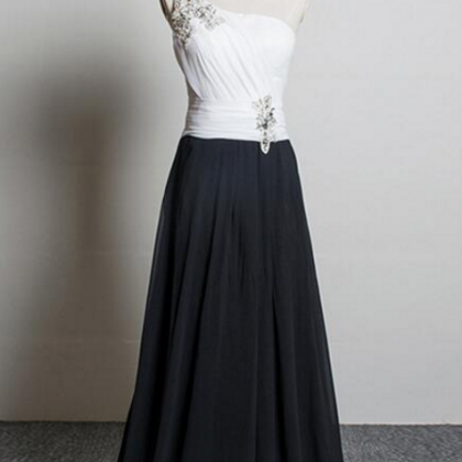 One Shoulder Long Black Chiffon Prom Dress Lace..