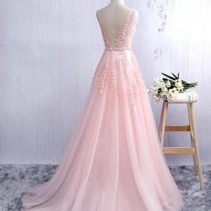 Scoop Neck Long Tulle Prom Dress Lace Appliques..