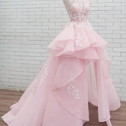 High Low Pink Organza Women Prom Dress Halter Neck..