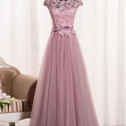 Cap Sleeves A-line Long Tulle Prom Dress Lace..