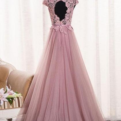 Cap Sleeves A-line Long Tulle Prom Dress Lace..