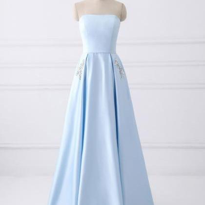 Strapless A-line Blue Satin Prom Dress Floor..