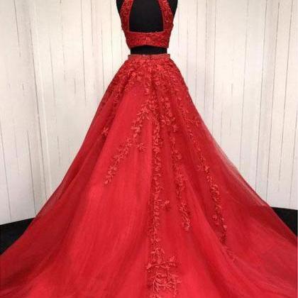 Halter Neck A-line Red Tulle Prom Dress Lace..