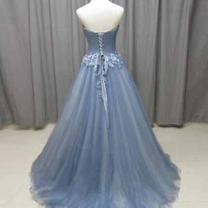 Strapless A-line Long Tulle Prom Dress, Lace..