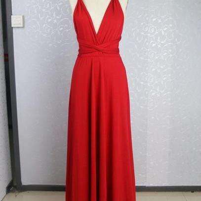Deep V Neck A-line Long Red Chiffon Prom Dress..