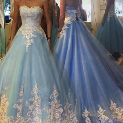 Strapless A-line Long Tulle Prom Dress, Lace..