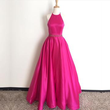 Halter Neck A-line Long Pink Prom Dress Sleeveless..