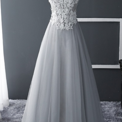 V Neck A-line Long Tulle Gray Prom Dress Lace..