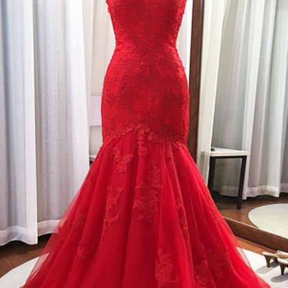 Halter Neck Mermaid Red Tulle Prom Dress Lace..